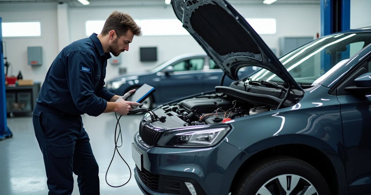 Mecânico examinando sistema de direção elétrica em carro moderno no elevador 