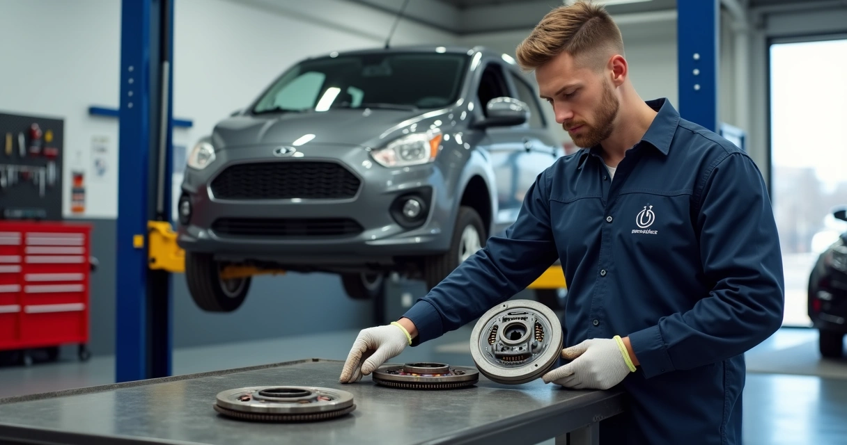 Mecânico verificando sistema de embreagem em carro no elevador 
