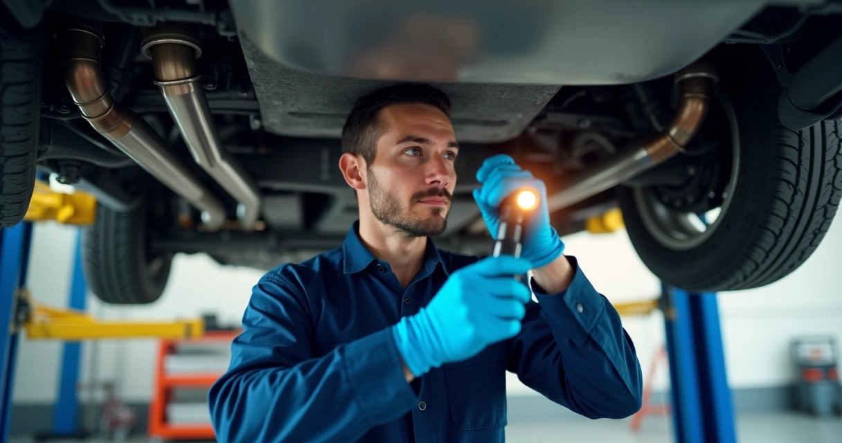 Mecânico examinando escapamento do carro. 