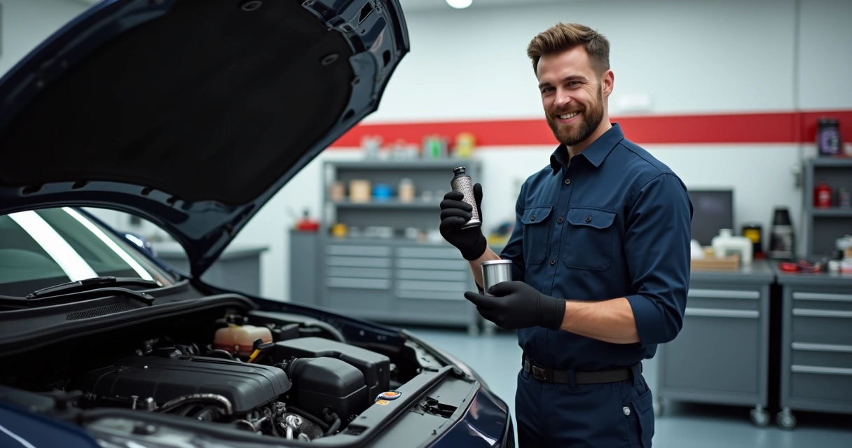 Mecânico analisando filtro de combustível no cofre do motor de um carro 