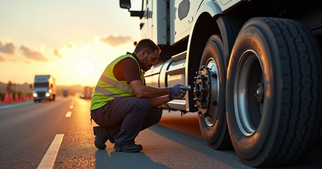 Mecânico verifica sistema de freios em caminhão de carga encostado em posto de estrada 