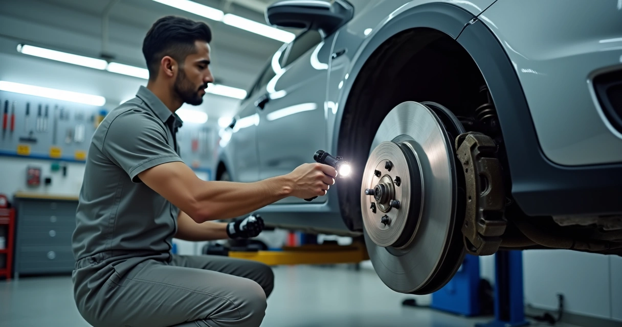 Mecânico conferindo o disco de freio de um carro em oficina automotiva 