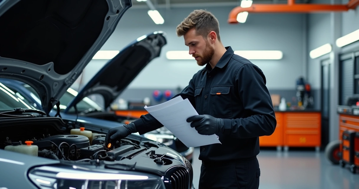 Mecânico inspecionando componentes do motor com checklist