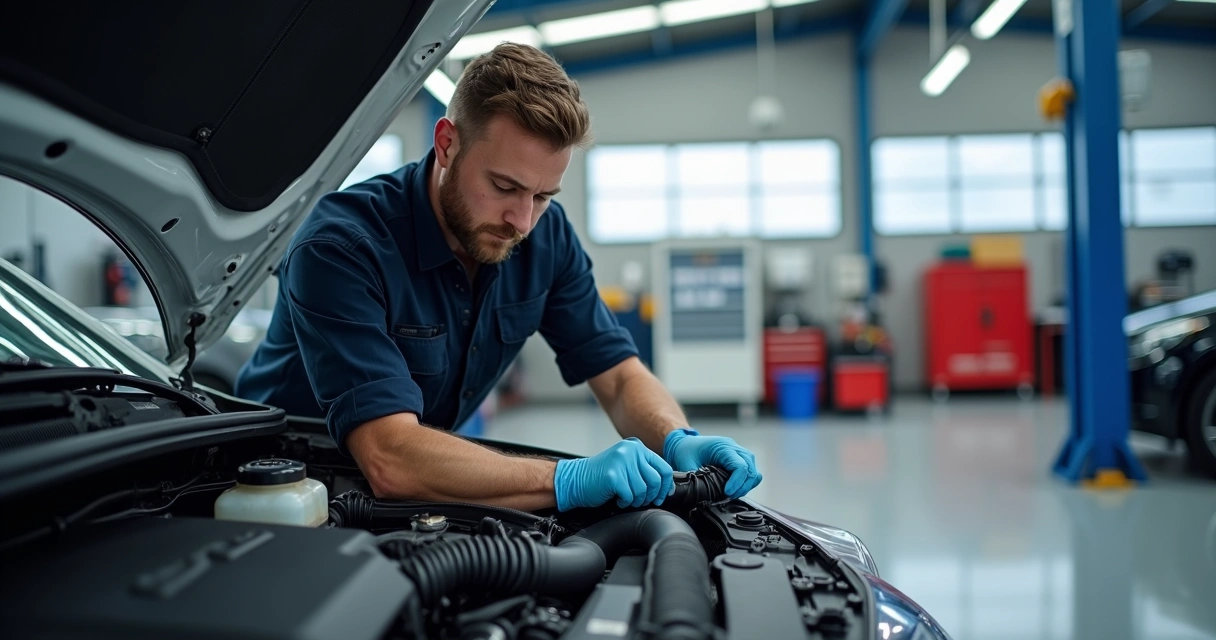 Mecânico examinando mangueiras do motor de carro em oficina automotiva 