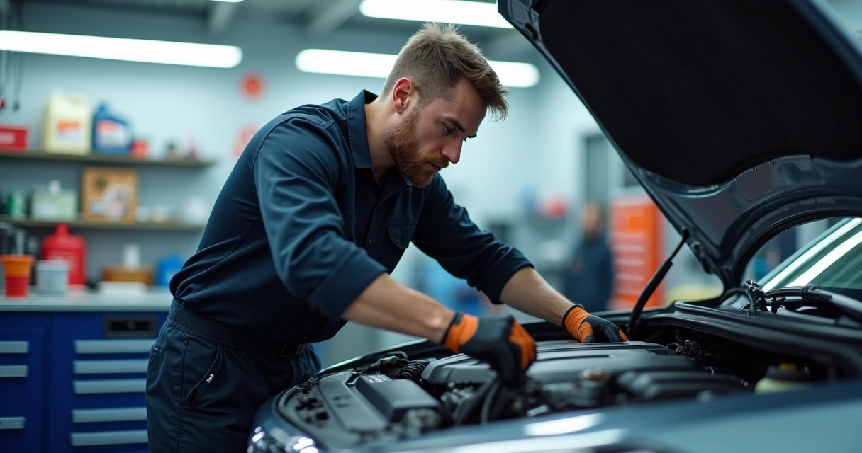 Mecânico inspecionando o motor em oficina moderna