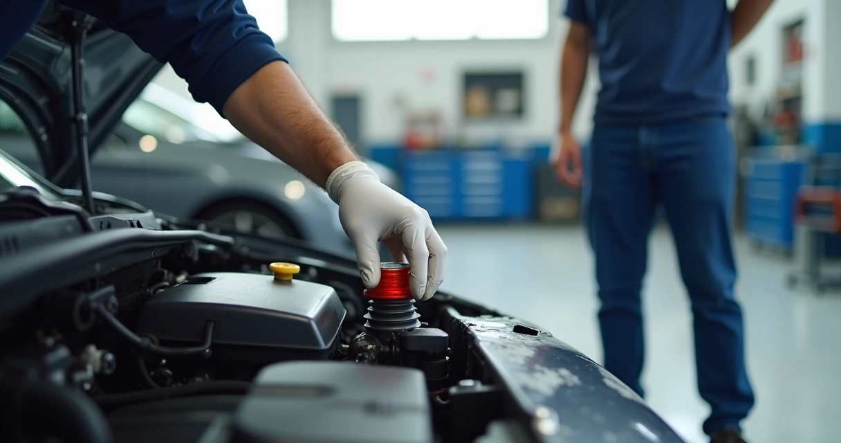 Mecânico inspecionando reservatório de expansão de carro 