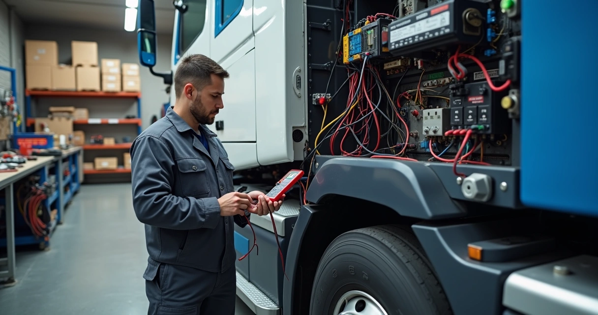 Mecânico usando multímetro para testar sistema elétrico de caminhão na oficina 