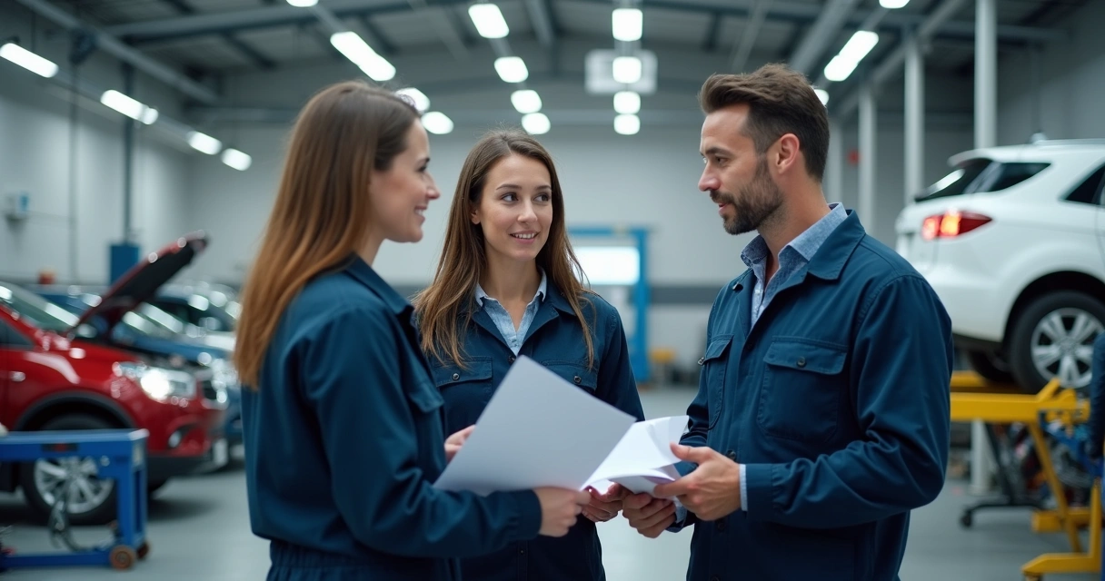 Equipe de mecânicos discutindo serviço em oficina automotiva