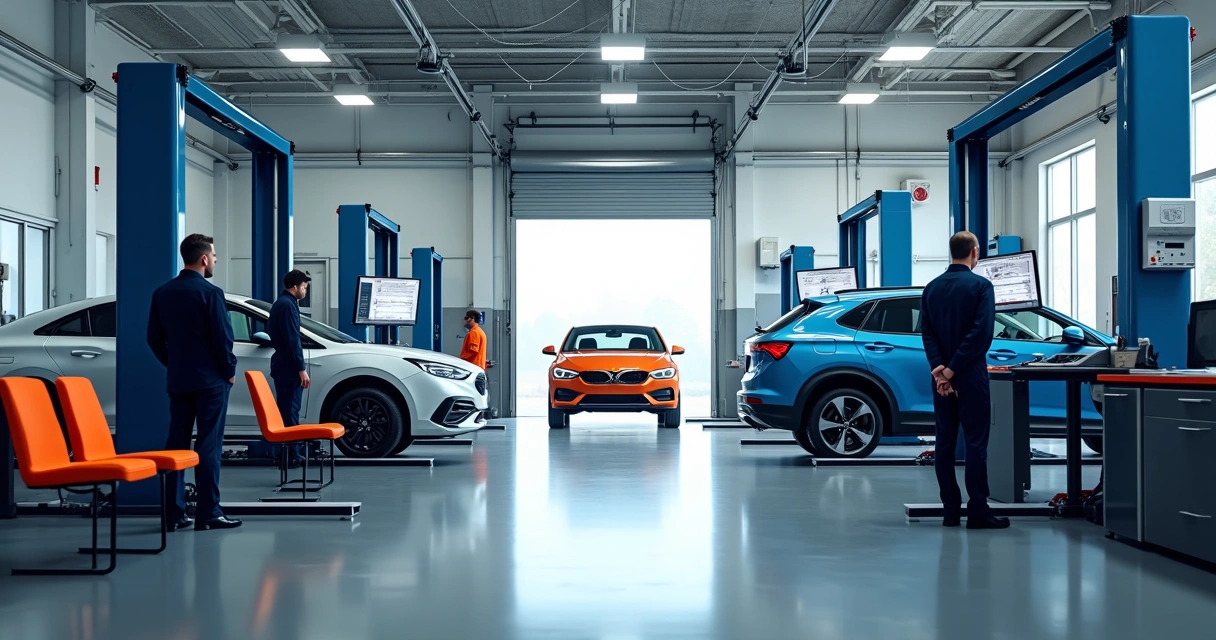 Equipe de mecânicos em oficina automotiva moderna