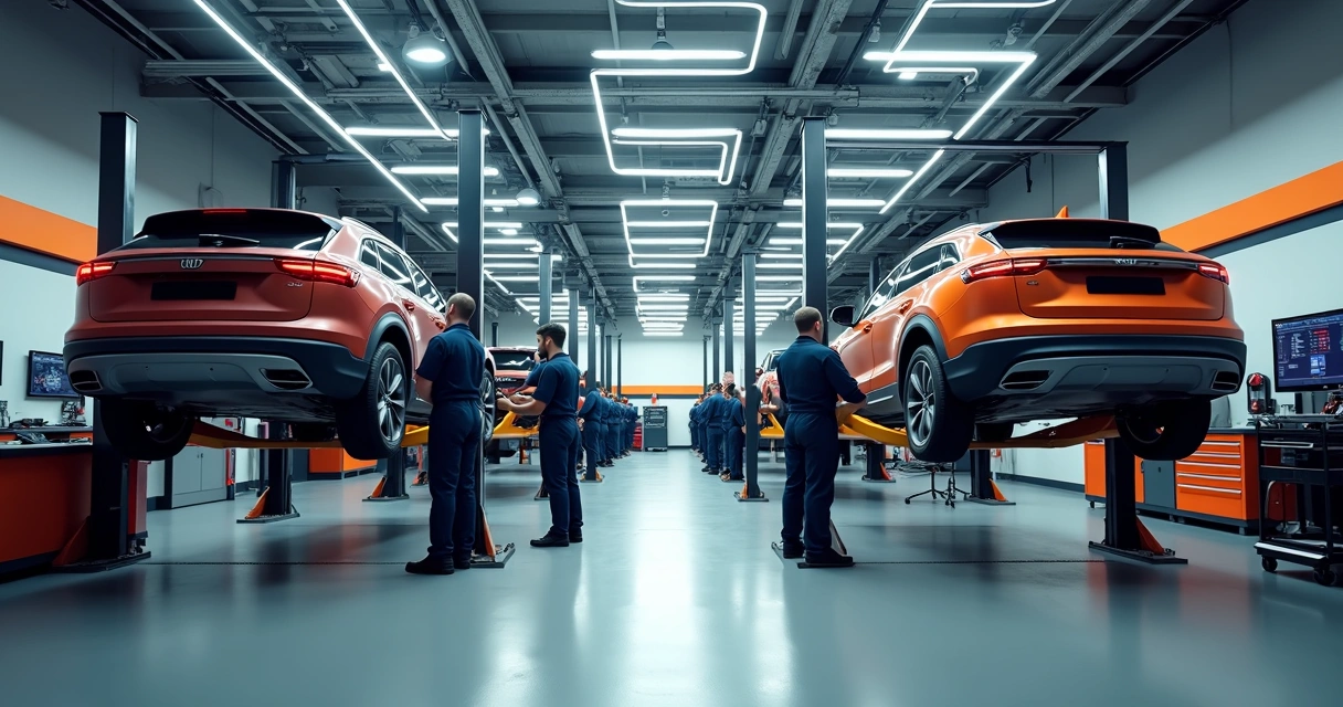 Técnicos trabalhando em carros elevados em oficina moderna, iluminação LED, ambiente limpo