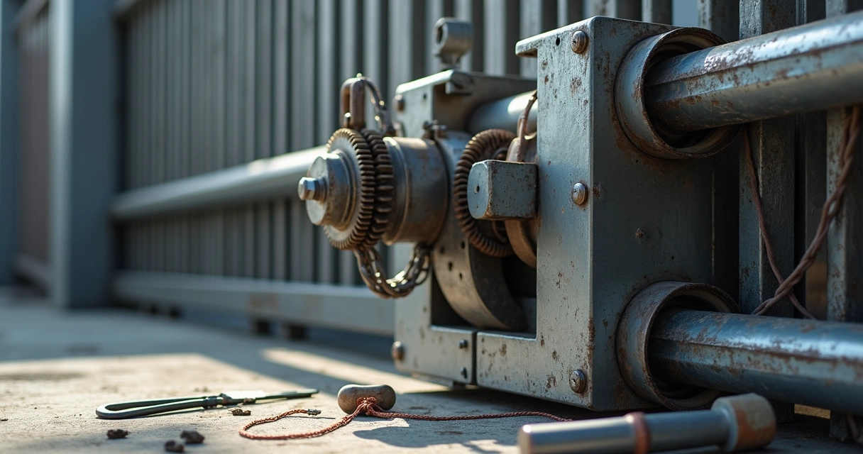 Detalhe do mecanismo de portão automático aberto 