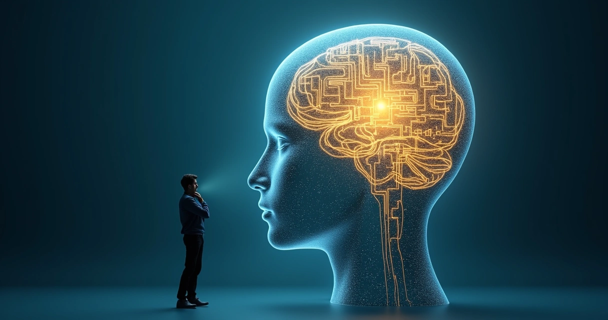 Persona observando un laberinto iluminado dentro de una silueta de cabeza 