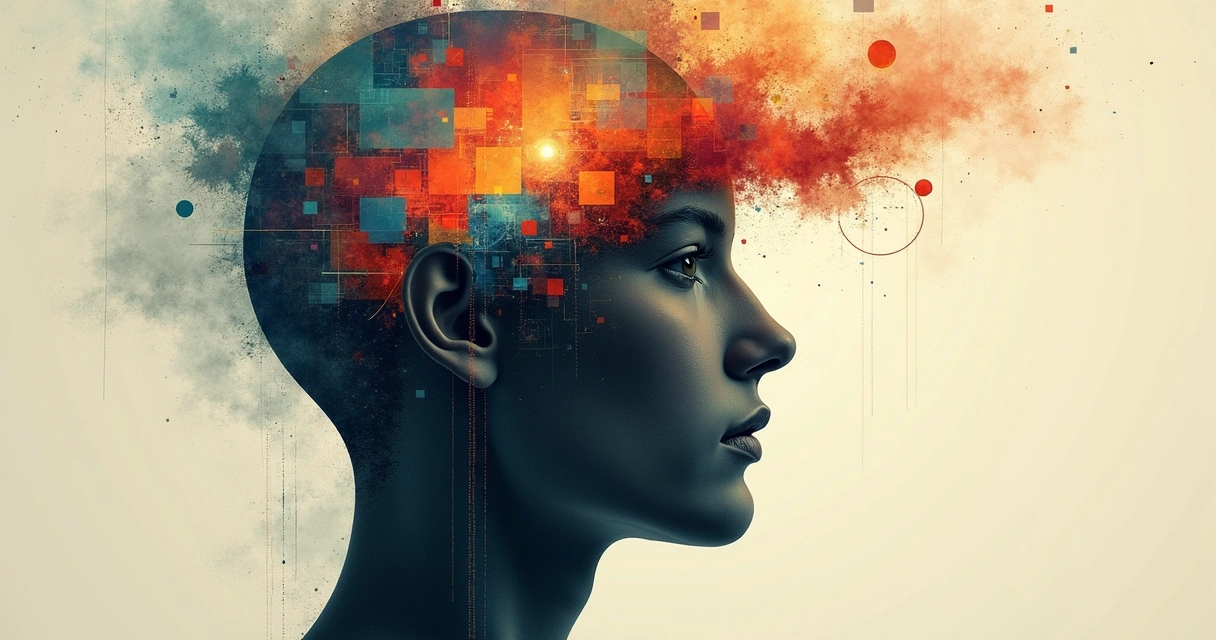 Desenho abstrato de cabeça humana com padrões e filtros mentais ao fundo 