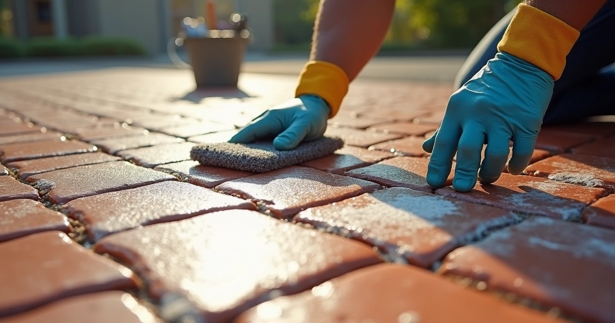Worker mechanically removing paint overspray from pavers. 