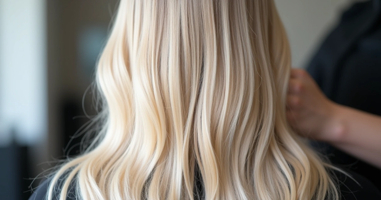 Cabelo loiro com mechas platinadas e fundo de salão 