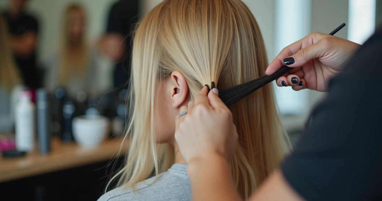 Aplicação de mechas em salão de beleza, profissional com pincel clareando fios loiros 