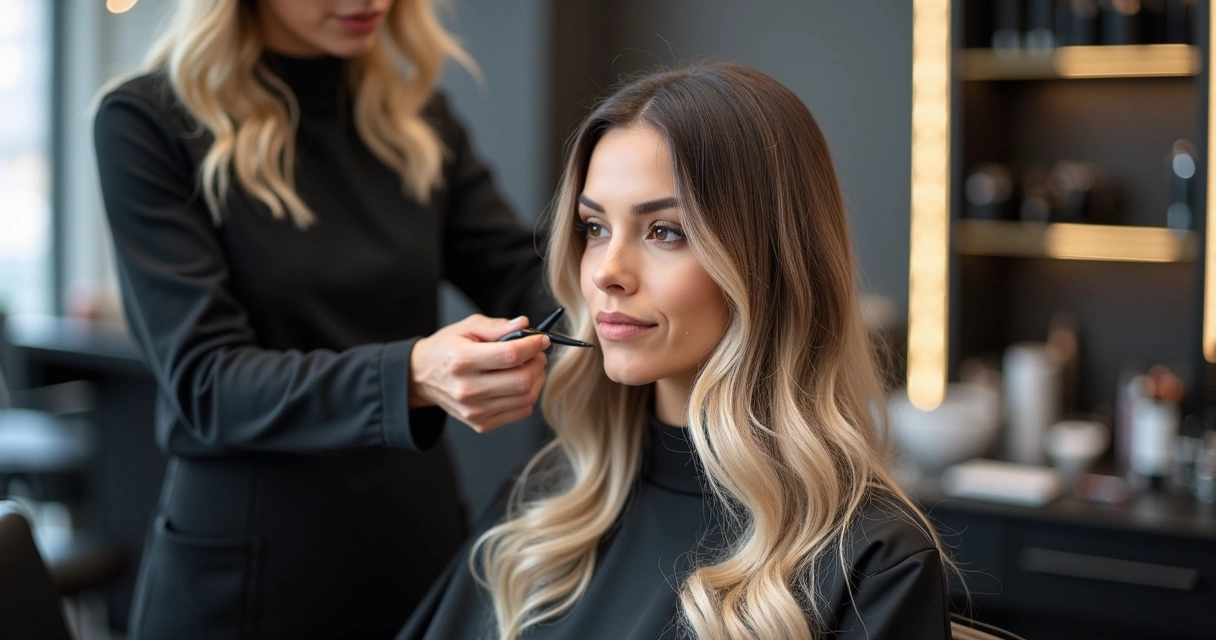 Cabeleireiro aplicando técnica de balayage em cabelo loiro com efeito esfumado 