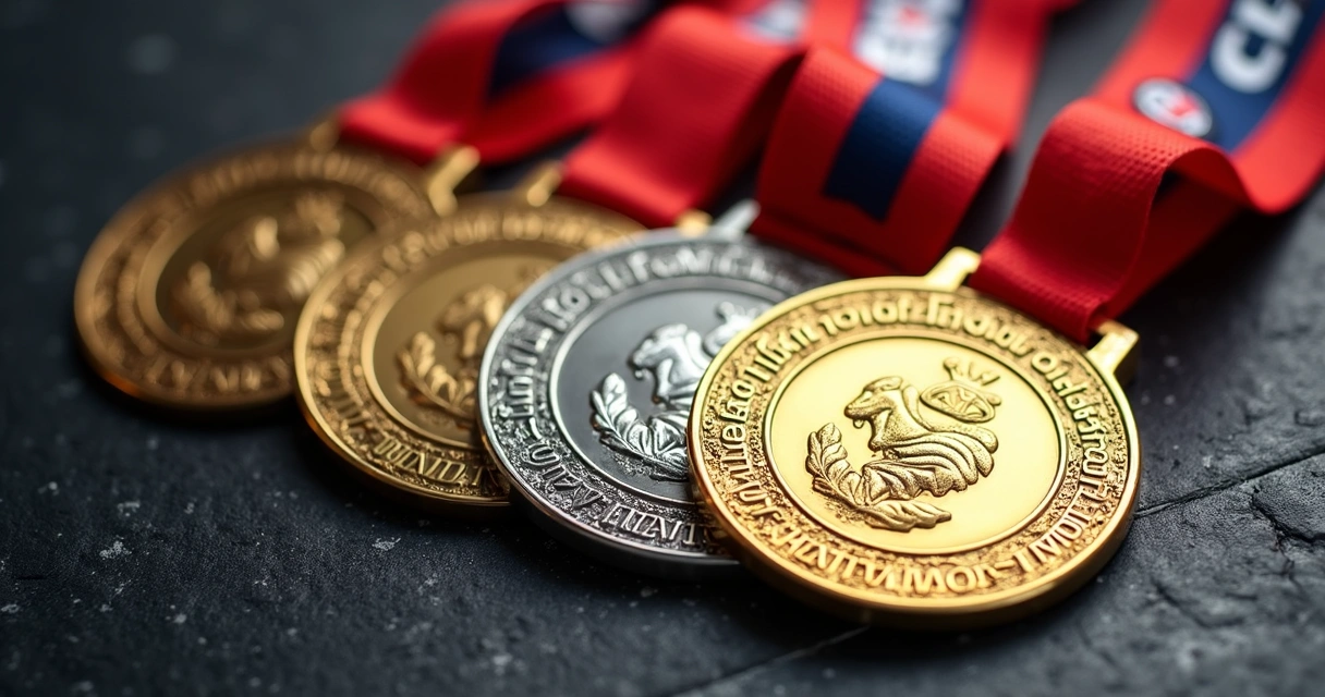 Medalhas exclusivas de campeonato de Jiu-Jitsu empilhadas em fundo escuro 