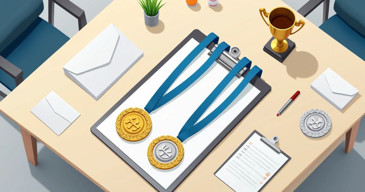Medalhas e troféu organizados para evento corporativo 