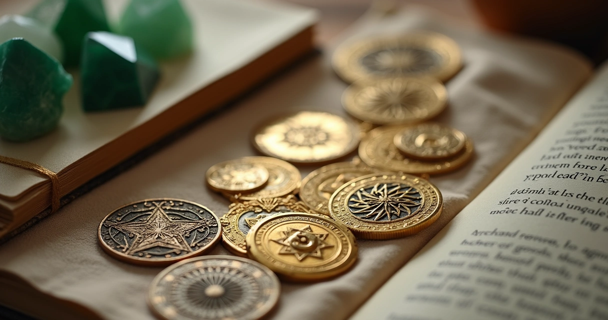 Medalhas e símbolos de proteção ao redor de moedas douradas