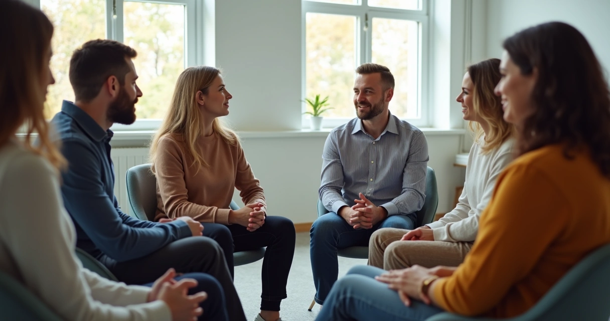 Pessoas de diferentes idades sentadas em círculo em um ambiente de trabalho, conversando de forma atenta e respeitosa. 
