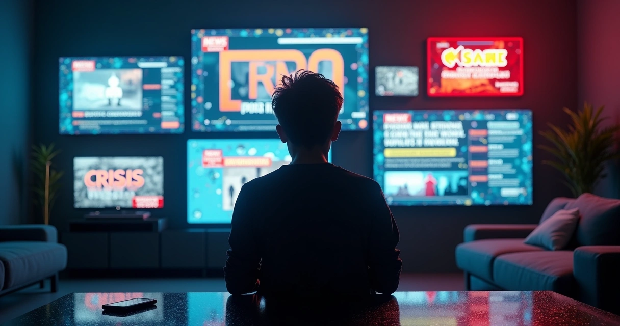 Young person surrounded by glowing news screens with emotional headlines 