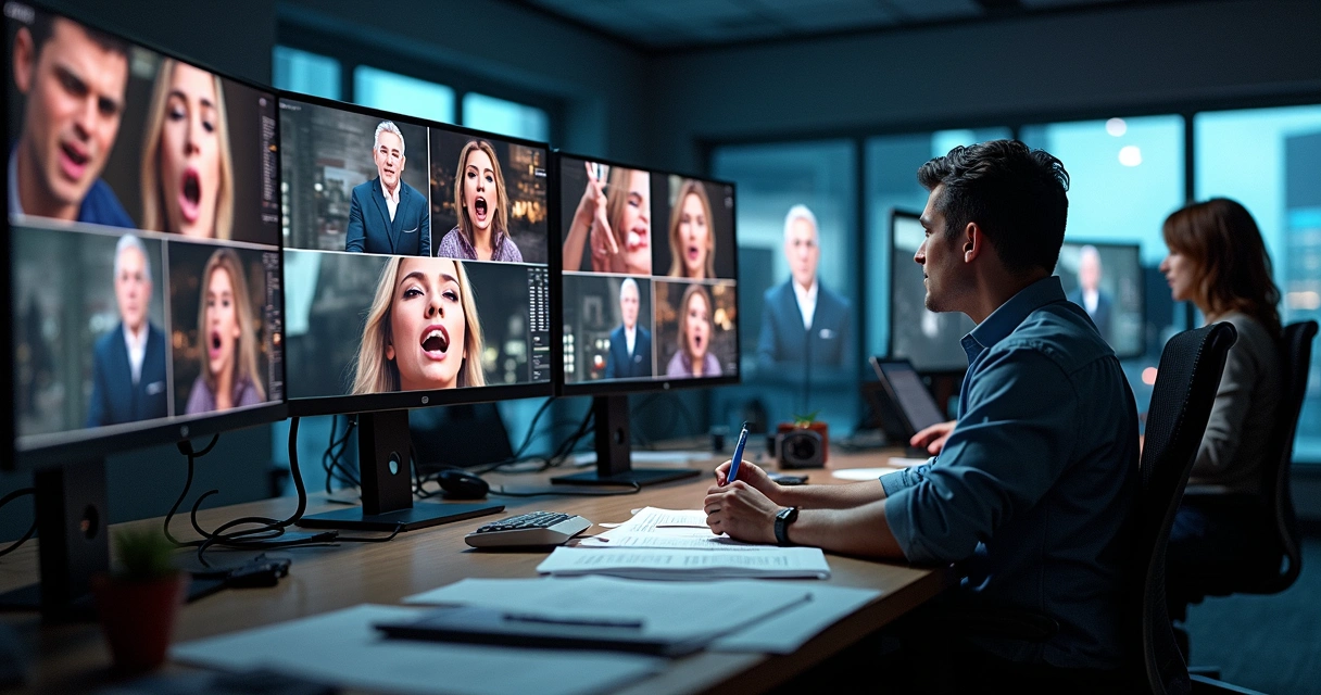 Collage of dramatic news headlines, emotional expressions, and selective imagery in a newsroom 