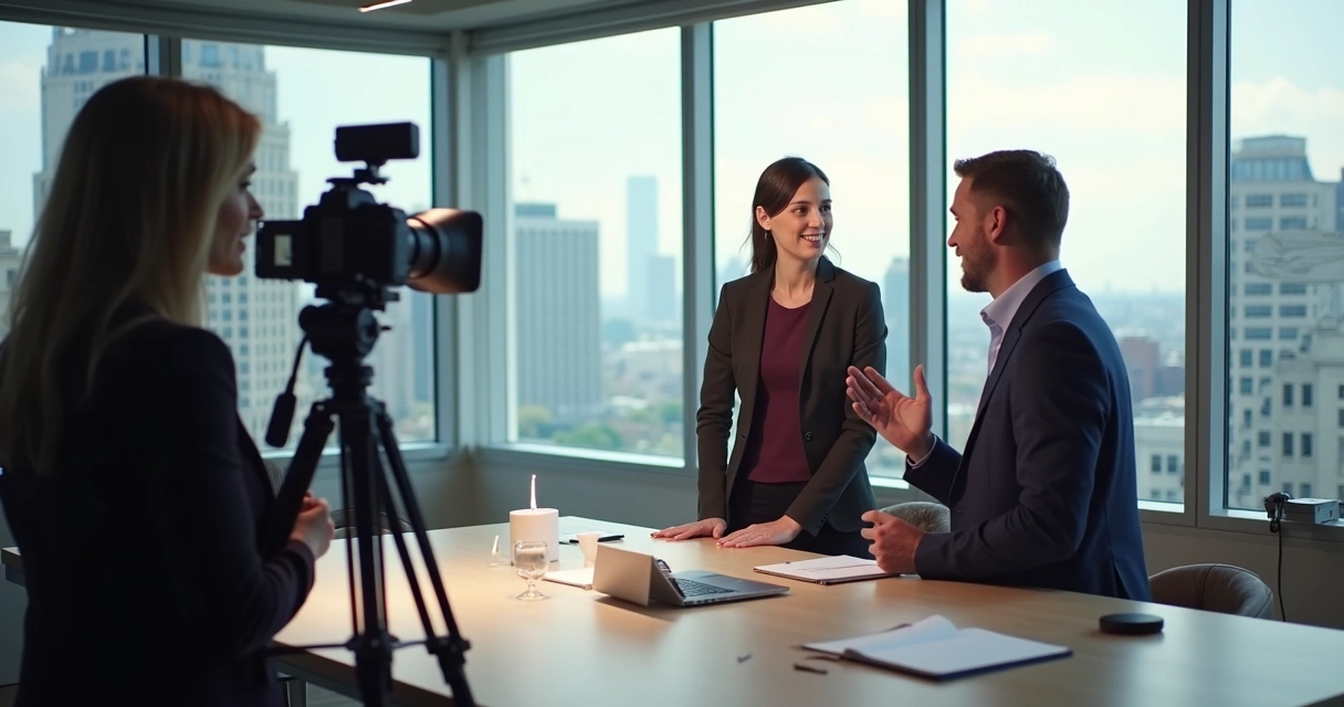 Profissional realizando media training com porta-voz em ambiente corporativo. 