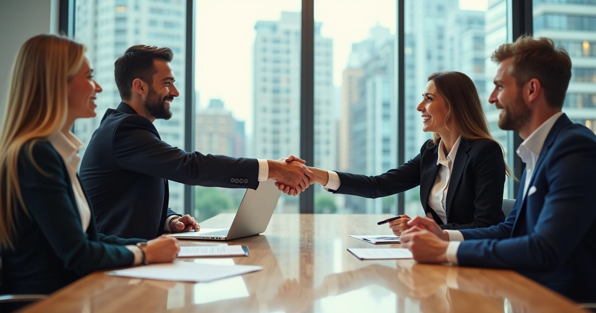 Três pessoas apertando as mãos em acordo em uma sala de reuniões empresarial 