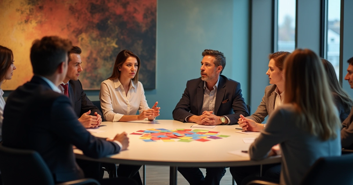 Grupo em roda usando cartões coloridos durante mediação 