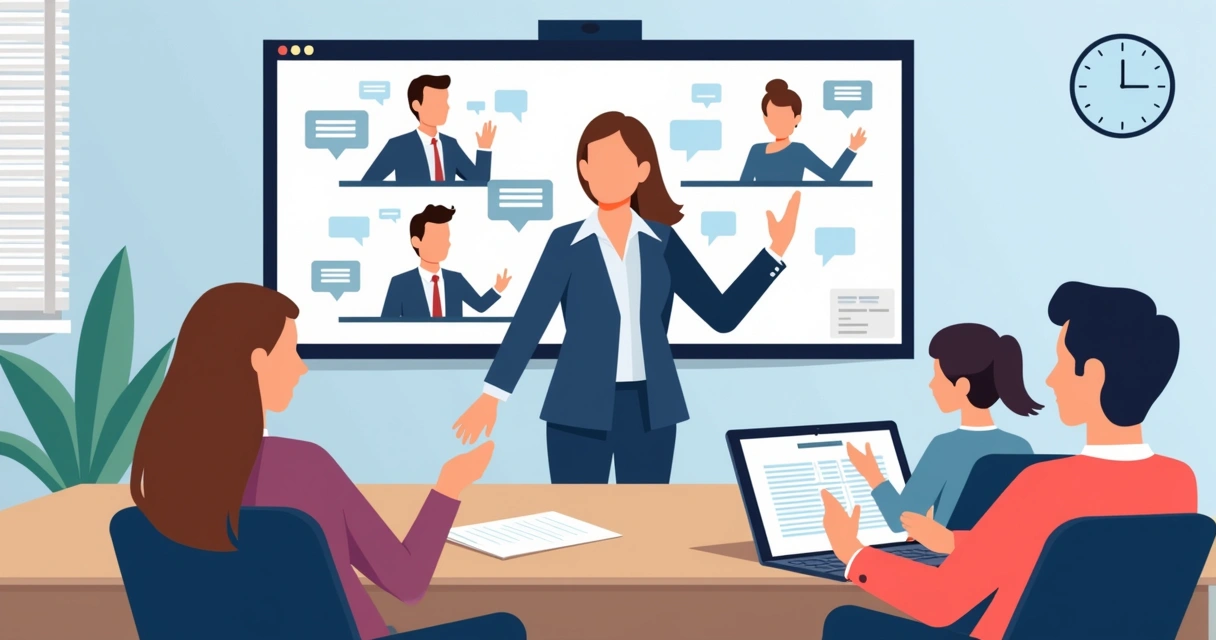 Moderador conduzindo assembleia virtual com debate organizado 
