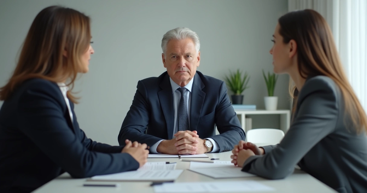 Mediador ouvindo atentamente duas pessoas sentadas em lados opostos de uma mesa