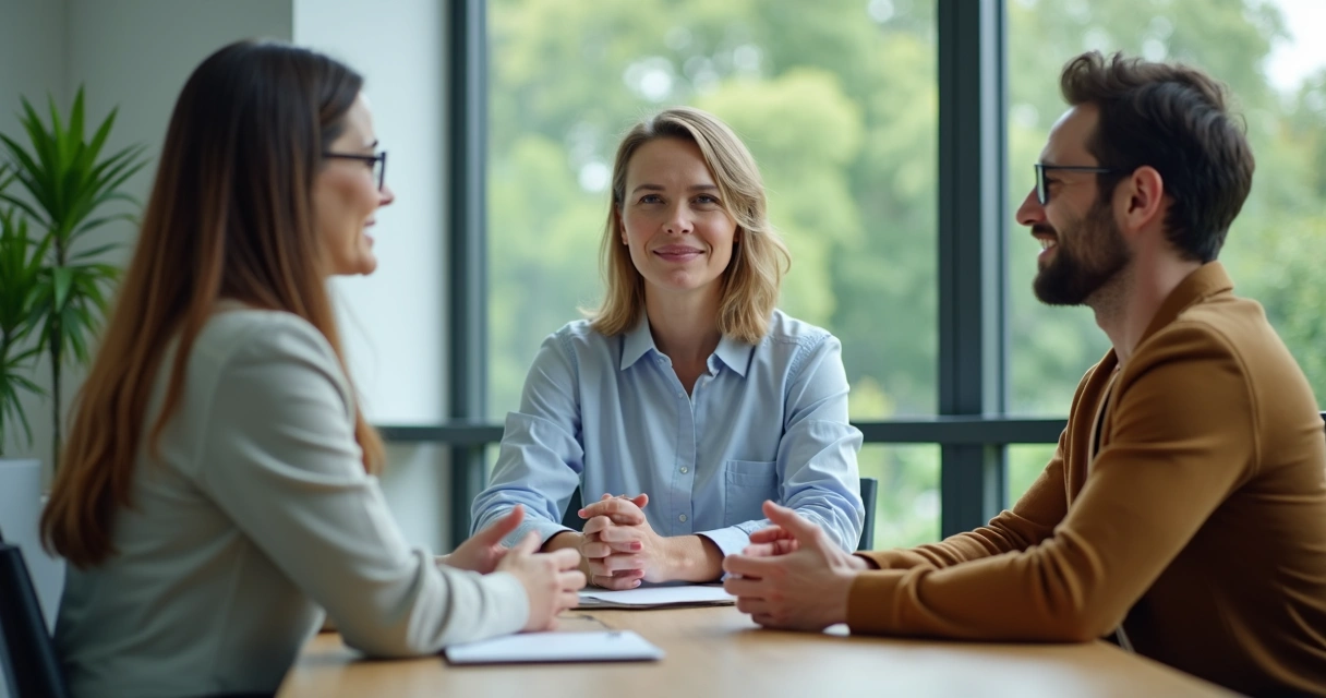 Duas pessoas em mediação respeitosa no trabalho