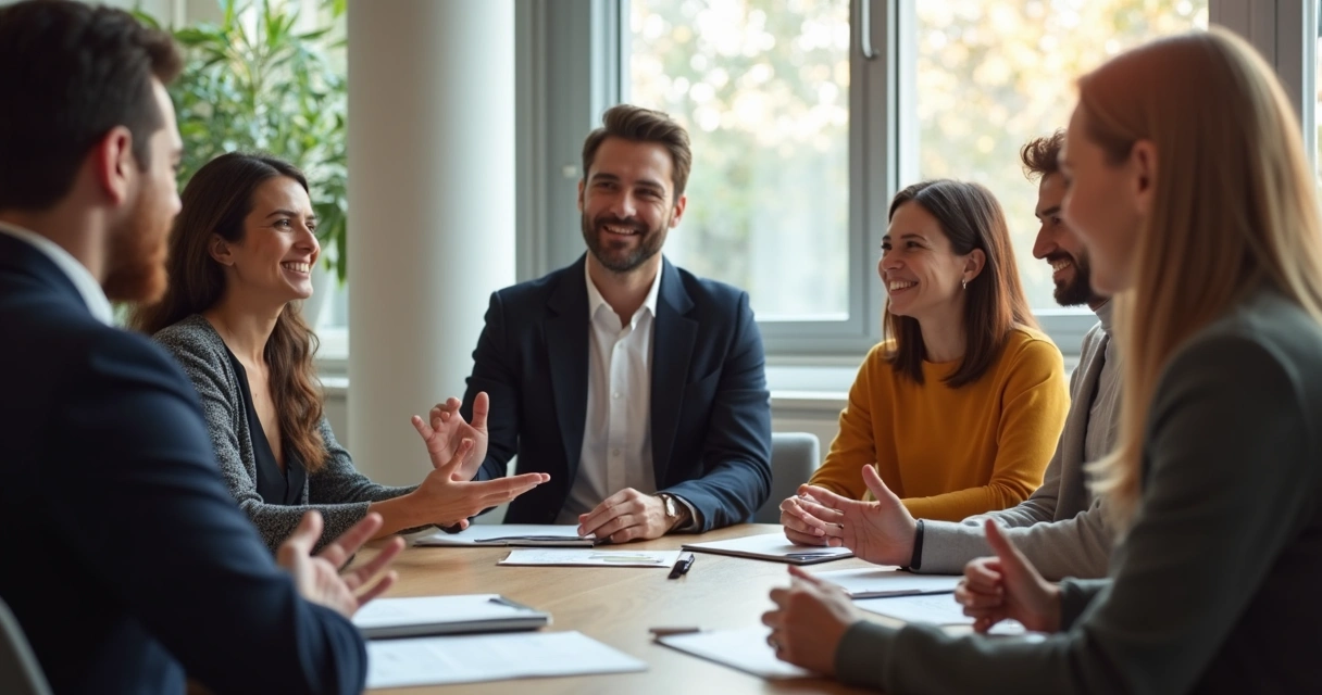 Equipe sentada em círculo, conversando ativamente, com líder ao centro facilitando a conversa