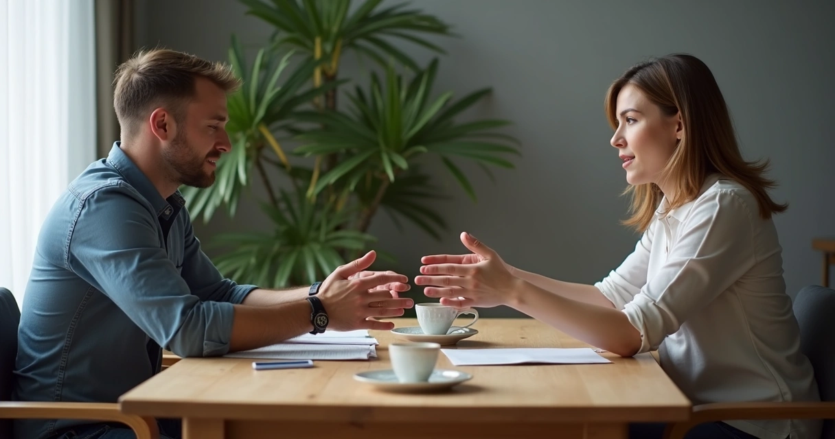 Duas pessoas sentadas em lados opostos de uma mesa conversando com mediador entre elas 