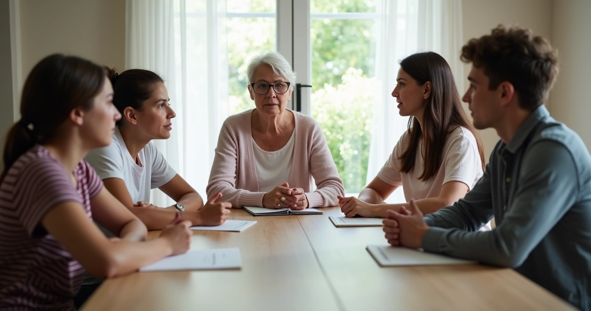 Pessoa mediando diálogo entre familiares sentados ao redor de mesa, clima atento e respeitoso. 