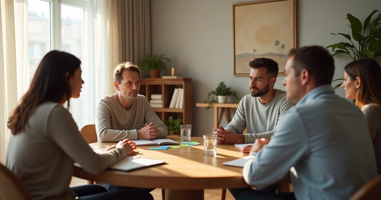 Familia sentada em mesa redonda com mediador guiando conversa tranquila 
