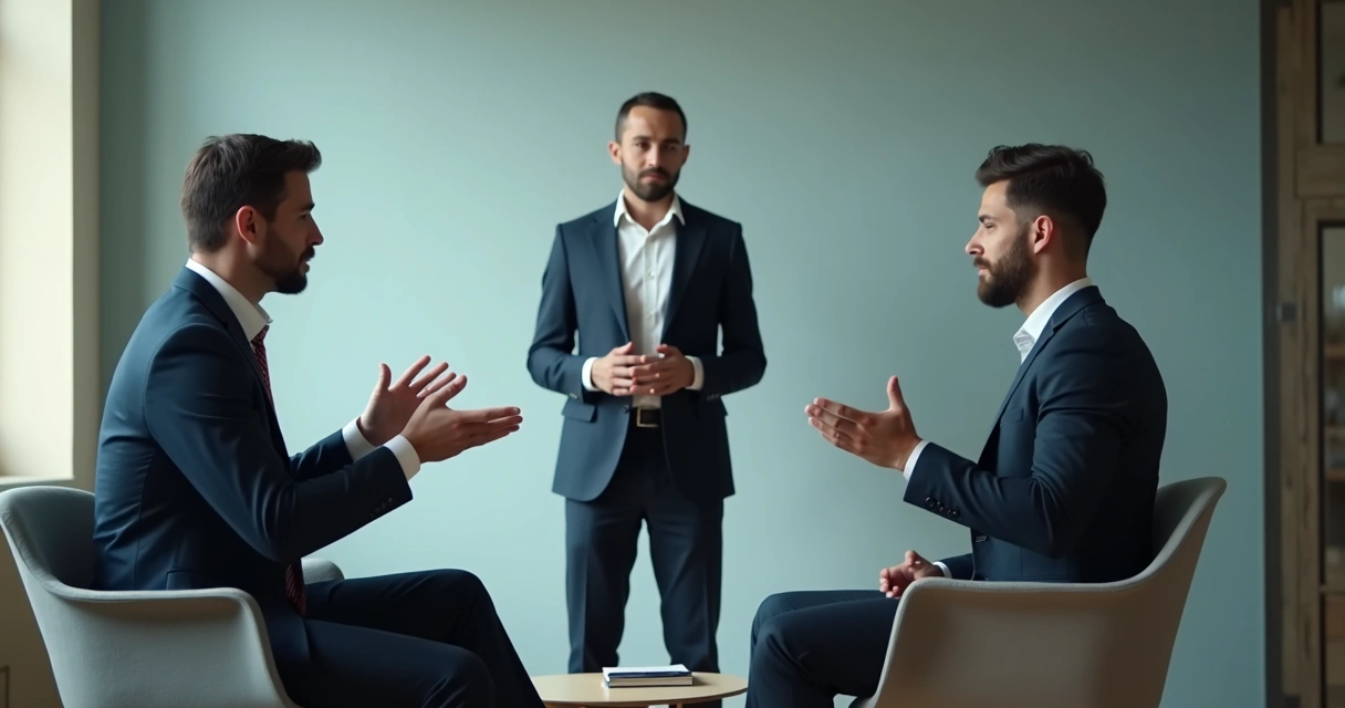Pessoa mediando conversa tensa entre colegas sentados 