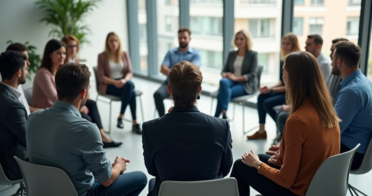 Pessoas em roda conversando com mediador ao centro