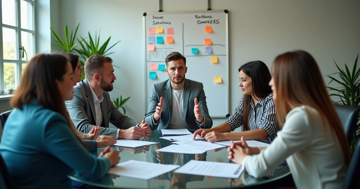 Mediador reunindo equipe de agência digital ao redor de mesa redonda 
