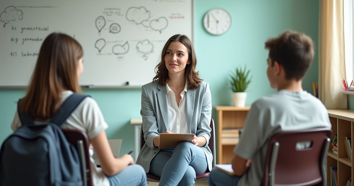 Psicóloga mediando conflito entre dois alunos em sala de aula 