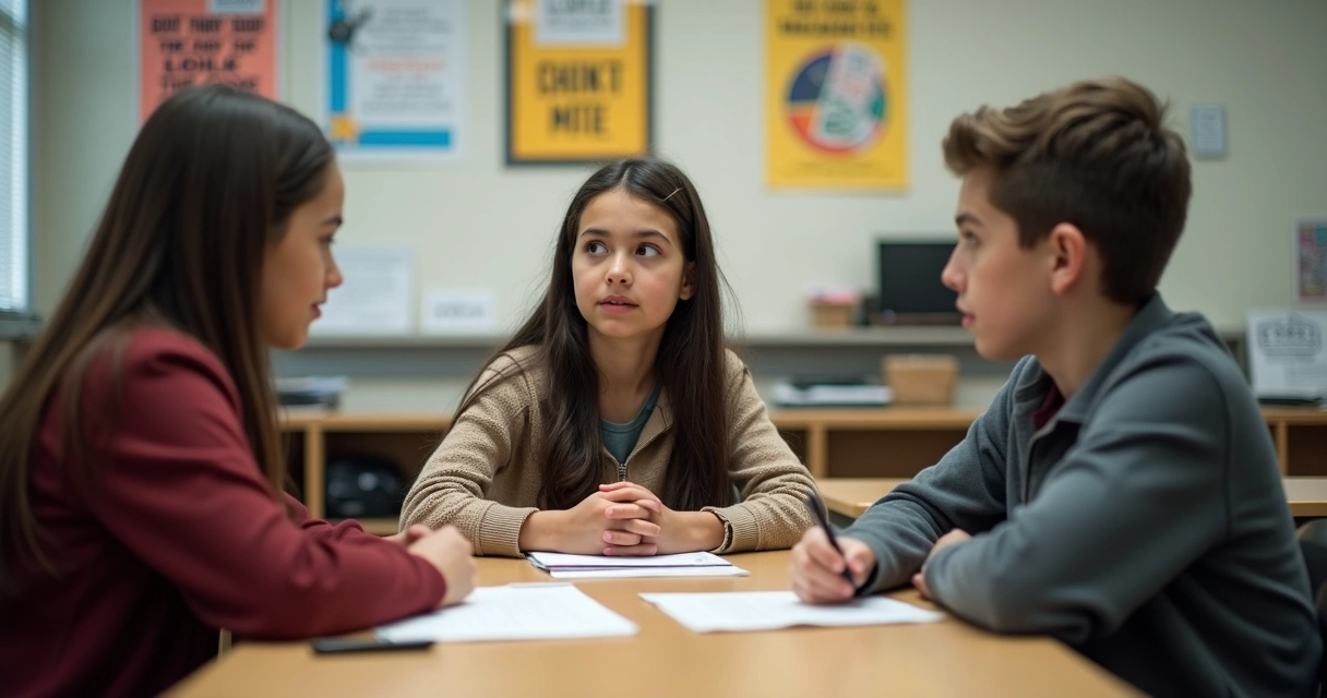 Aluno e aluna sentados em mesa com mediadora escolar