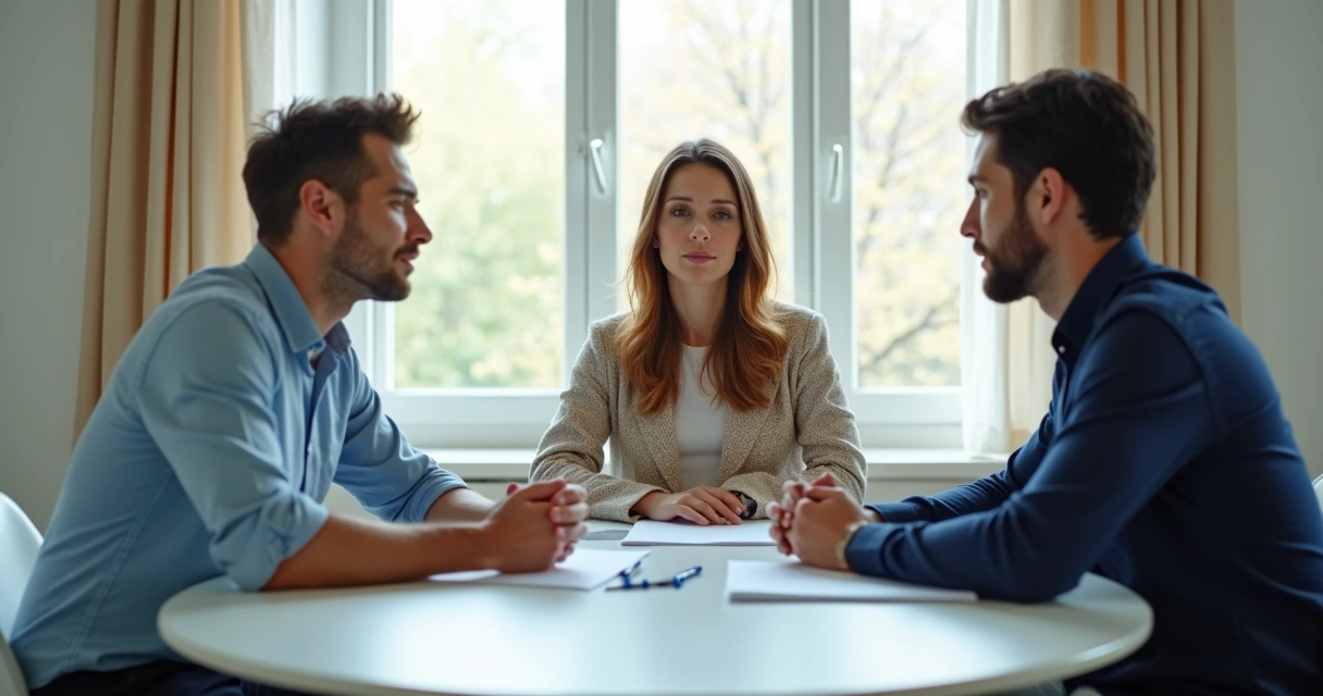 Duas pessoas sentadas frente a frente, com um mediador entre elas, em ambiente iluminado e sereno, discutindo com papéis na mesa e expressão calma. 