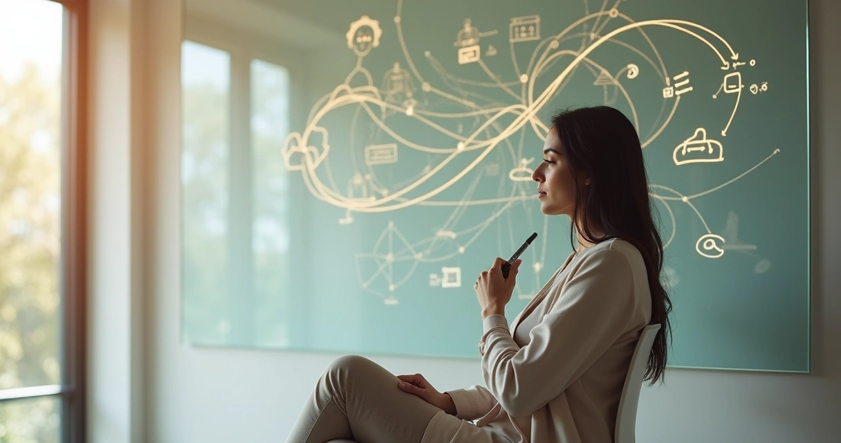 Pessoa em meditação diante de quadro com conexões representando conflitos 