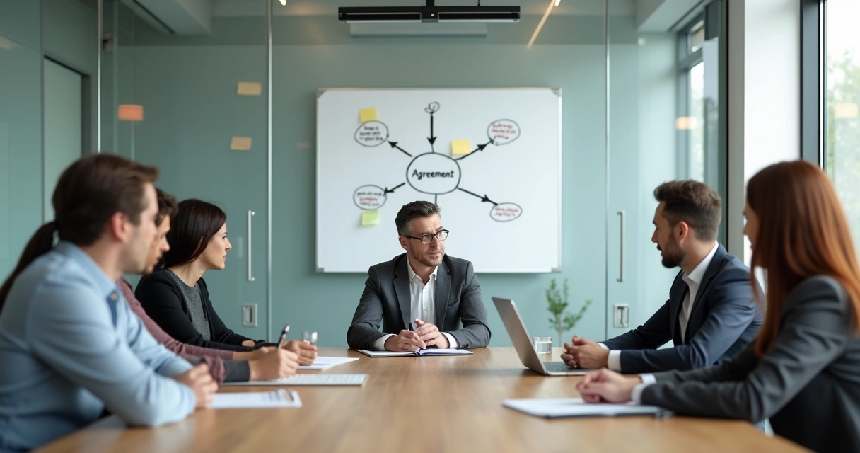 Equipe em reunião de mediação de conflitos organizacionais em sala moderna 
