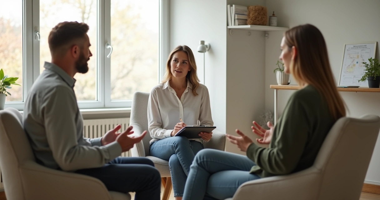 Psicóloga mediando diálogo entre duas pessoas em consultório moderno 