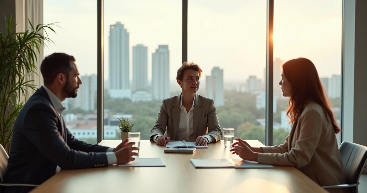 Mediador conduz reunião entre duas pessoas em conflito em sala de escritório moderna 