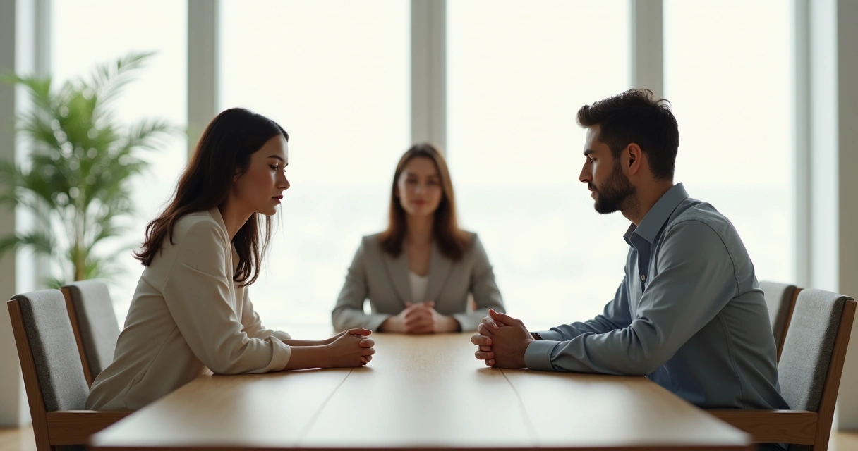 Duas pessoas sentadas frente a frente em silêncio mediado por profissional em sala clara e calma 