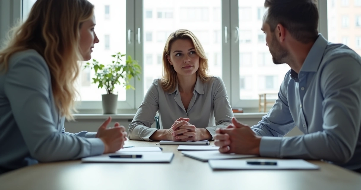 Duas pessoas sendo mediadas em conflito no trabalho 