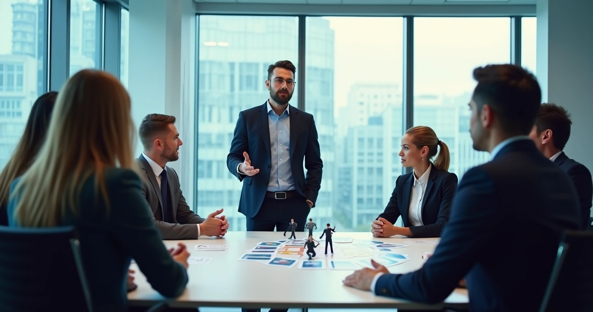 Facilitador conduzindo constelação sistêmica organizacional em sala com equipe reunida 